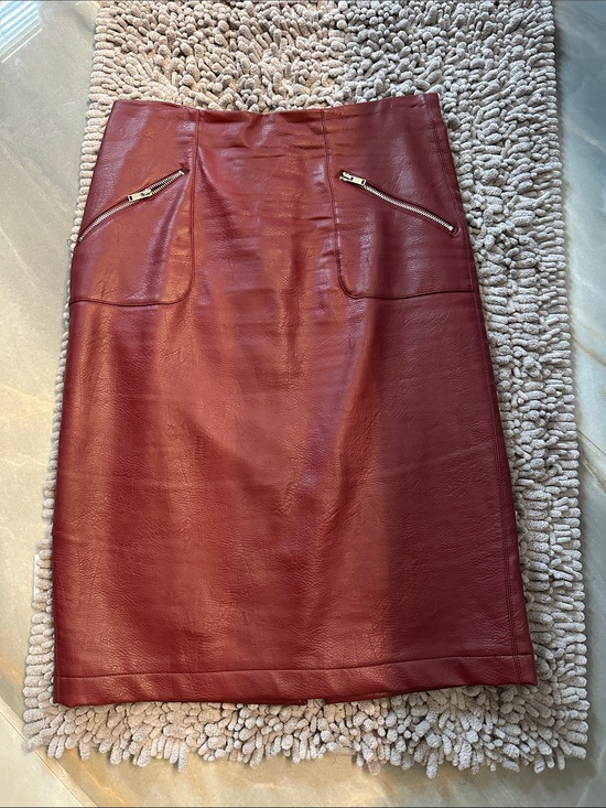 Catherine Dresses & Skirts - Faux Leather Pencil Skirt in Burgundy with Zip Pocket Detail